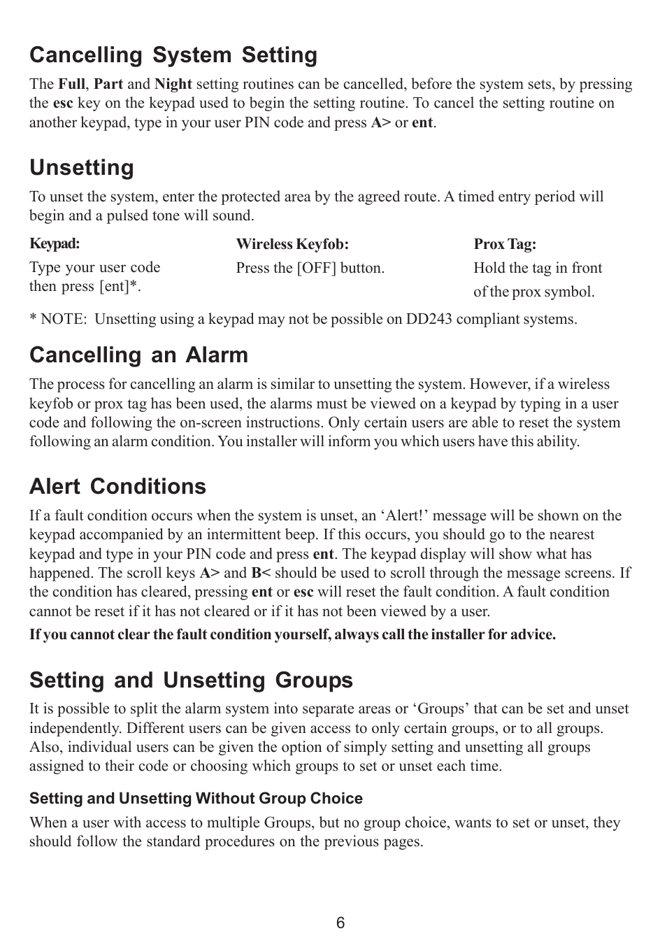 Cancelling system setting, Unsetting, Cancelling an alarm | Alert conditions, Setting and unsetting groups, Setting and unsetting without group choice | Honeywell GALAXY 16103 User Manual | Page 10 / 18