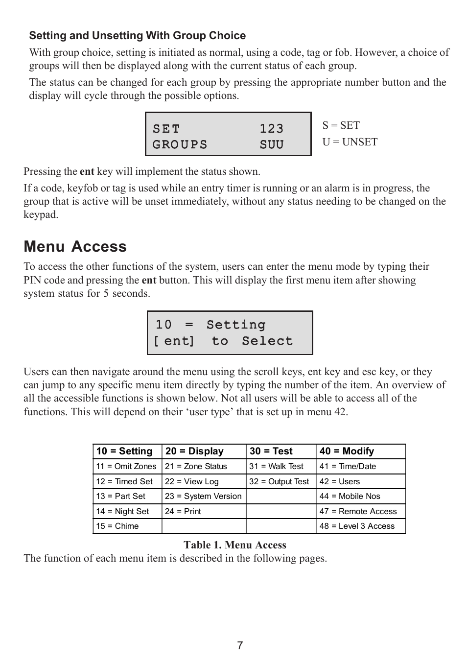 Menu access, Setting and unsetting with group choice, S e t | 10 = setting | Honeywell GALAXY 16103 User Manual | Page 11 / 18