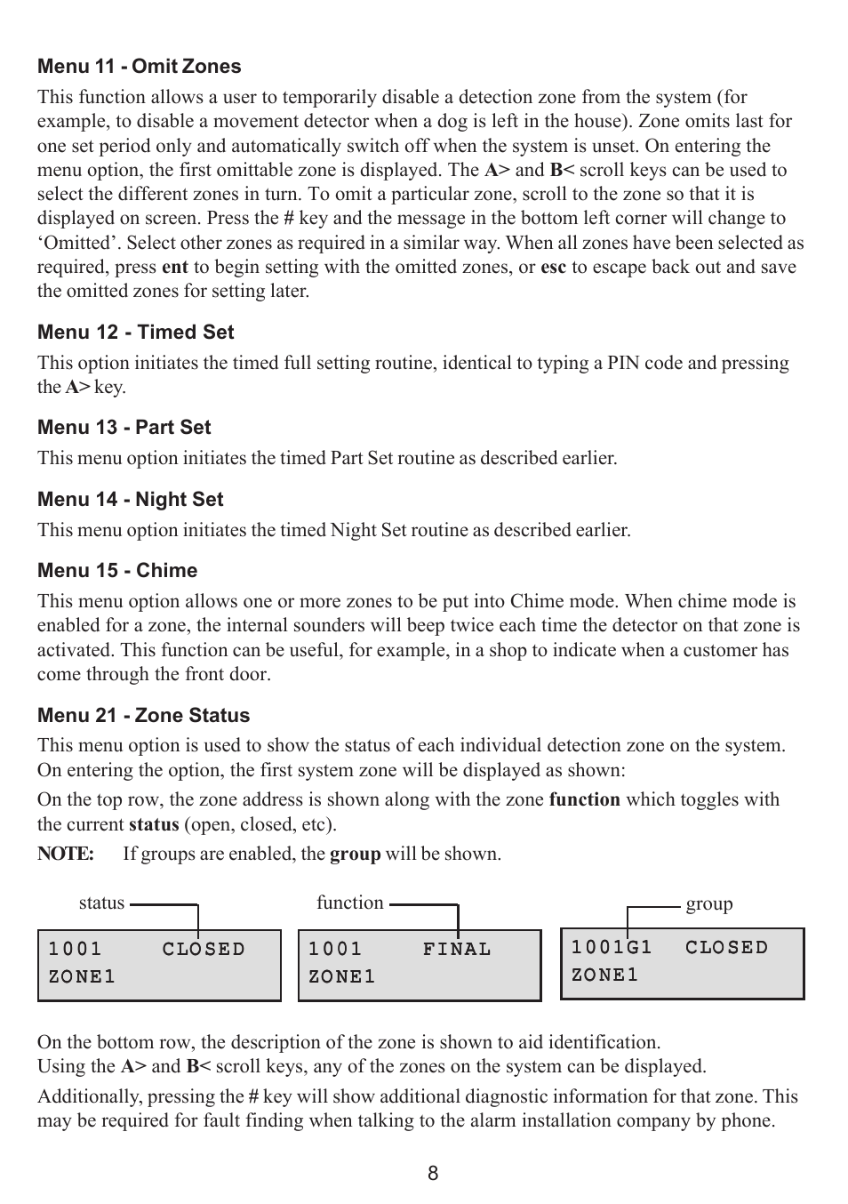 Menu 11 - omit zones, Menu 12 - timed set, Menu 13 - part set | Menu 14 - night set, Menu 15 - chime, Menu 21 - zone status | Honeywell GALAXY 16103 User Manual | Page 12 / 18