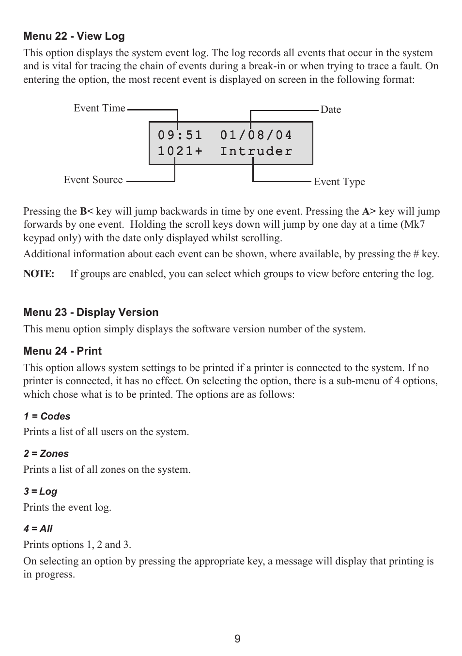 Menu 22 - view log, Menu 23 - display version, Menu 24 - print | Honeywell GALAXY 16103 User Manual | Page 13 / 18