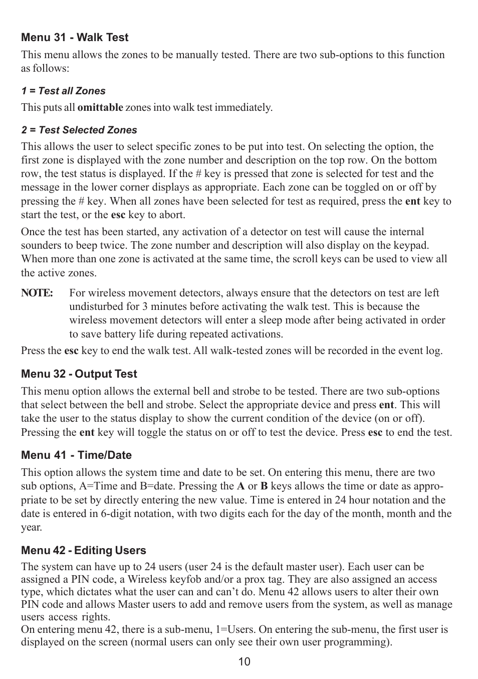 Menu 31 - walk test, Menu 32 - output test, Menu 41 - time/date | Menu 42 - editing users | Honeywell GALAXY 16103 User Manual | Page 14 / 18