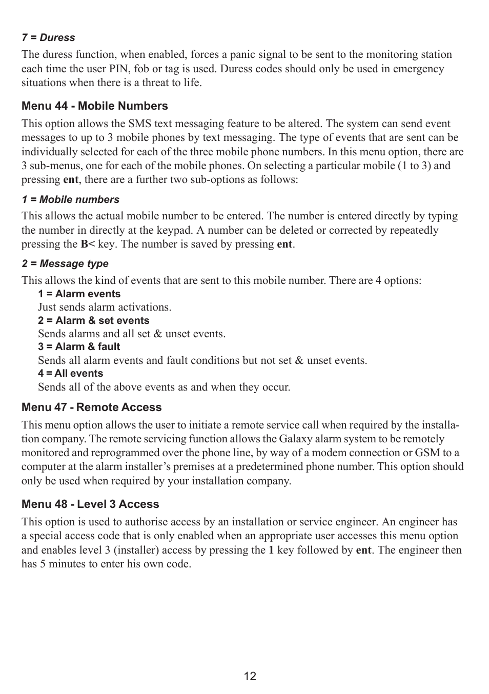 Menu 44 - mobile numbers, Menu 47 - remote access, Menu 48 - level 3 access | Honeywell GALAXY 16103 User Manual | Page 16 / 18