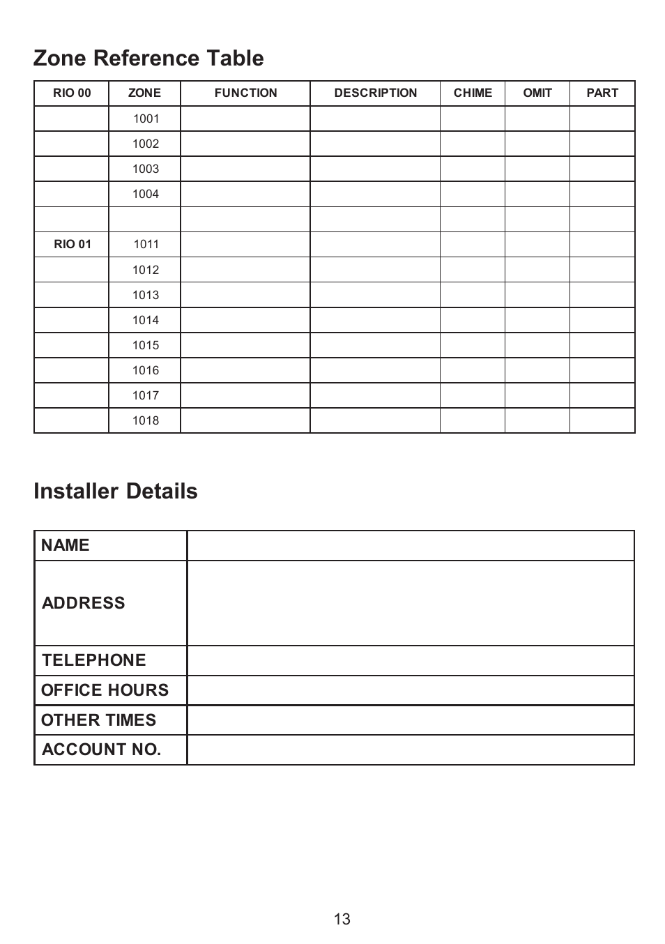 Zone reference table, Installer details, Zone reference table installer details | Honeywell GALAXY 16103 User Manual | Page 17 / 18