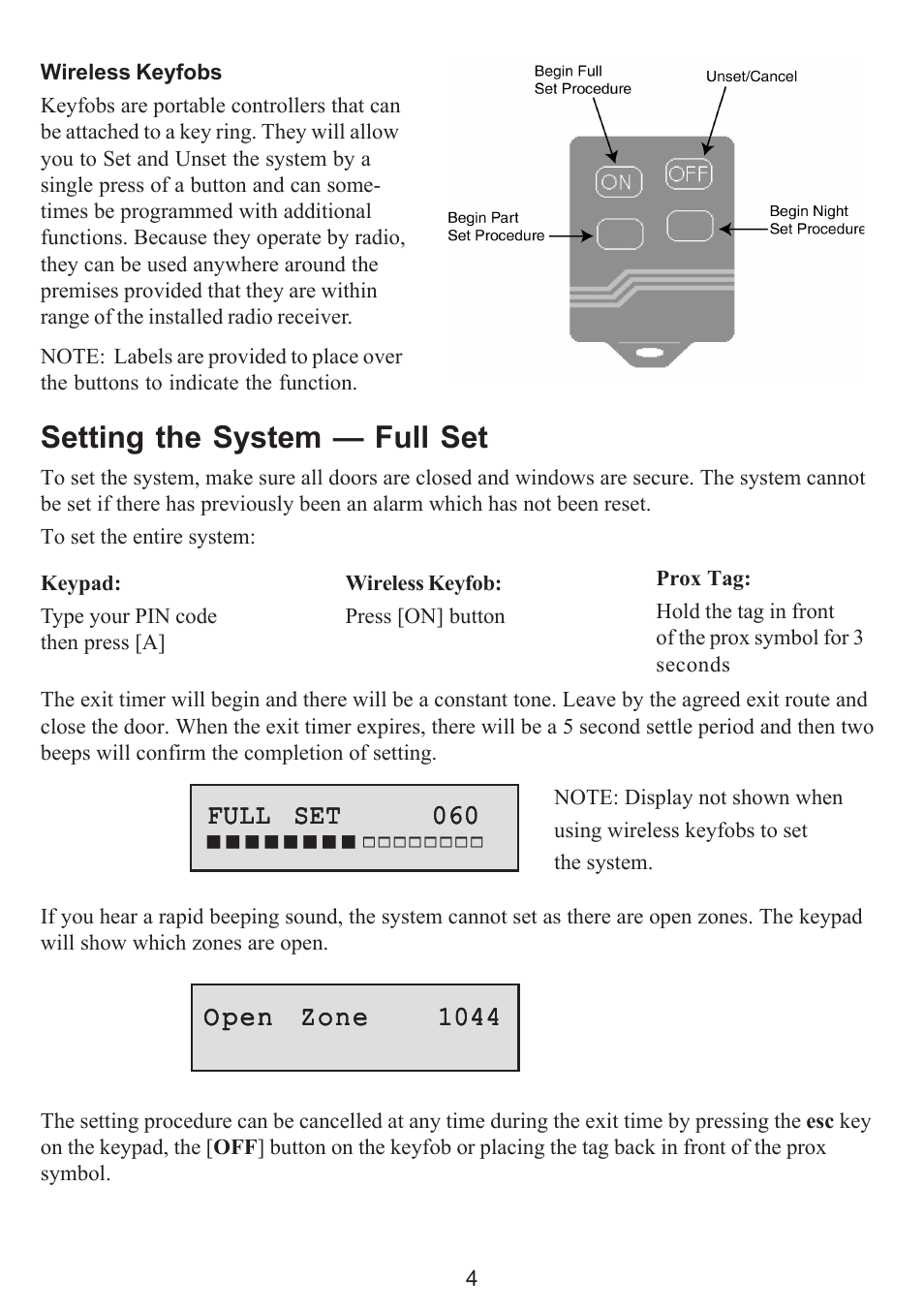 Wireless keyfobs, Setting the system - full set, Setting the system — full set | Honeywell GALAXY 16103 User Manual | Page 8 / 18
