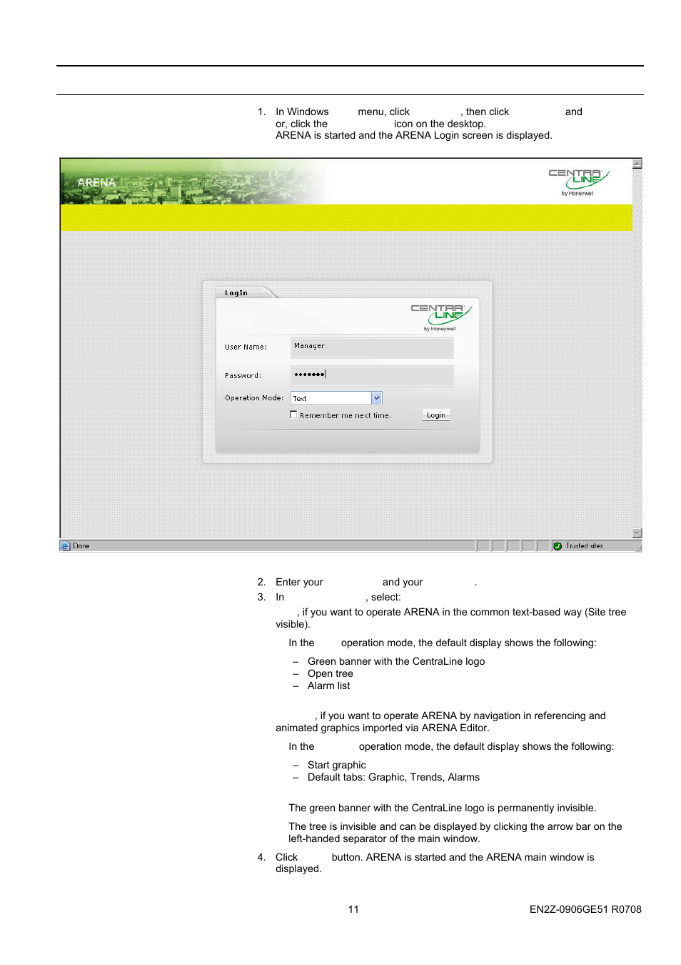 1bstart arena, Start arena | Honeywell EN2Z-0906GE51 R0708 User Manual | Page 11 / 160