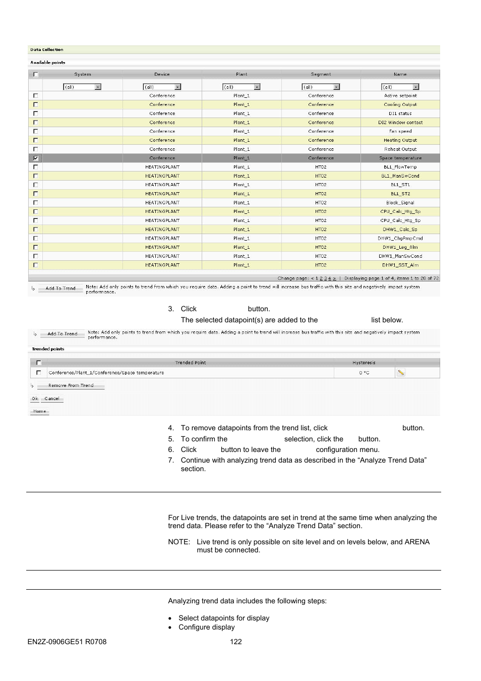 78bprint settings list, 45bprocedures, Analyze trend data | Live trend | Honeywell EN2Z-0906GE51 R0708 User Manual | Page 122 / 160