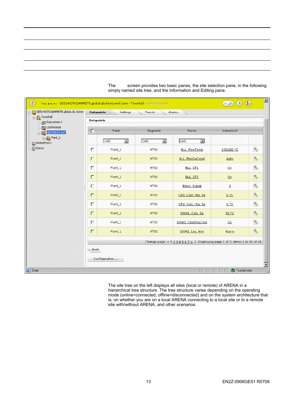 2barena environment, 17bmain screen description and basic functions, Arena environment | Main screen description and basic functions, Main screen description | Honeywell EN2Z-0906GE51 R0708 User Manual | Page 13 / 160