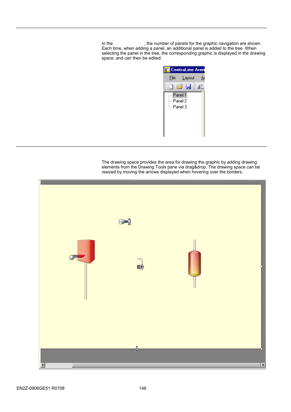 86bconfigure display, 87bcustomize display settings, Panel window | Drawing space | Honeywell EN2Z-0906GE51 R0708 User Manual | Page 146 / 160