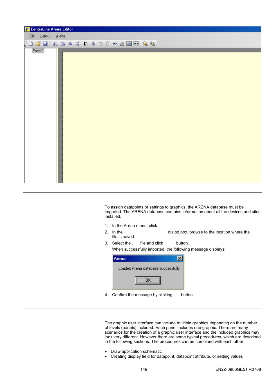 92bdrawing space, 93bdrawing tools pane, Import arena database | Create graphic | Honeywell EN2Z-0906GE51 R0708 User Manual | Page 149 / 160
