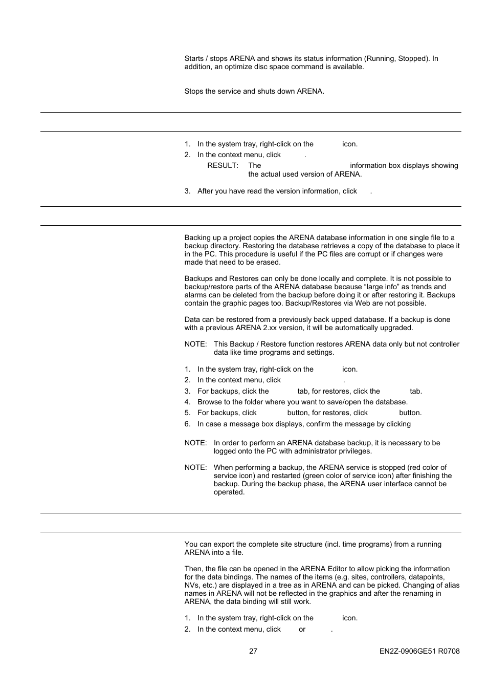18bshow arena version information, 19bbackup / restore, 20bexport data to arena editor | Show arena version information, Backup / restore, Export data to arena editor | Honeywell EN2Z-0906GE51 R0708 User Manual | Page 27 / 160