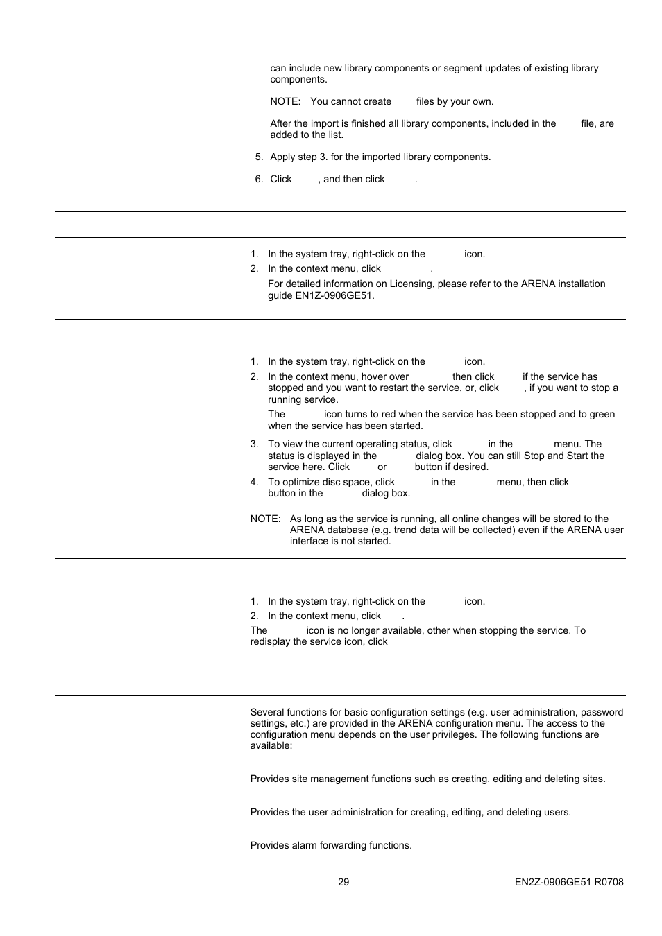 21blicensing, 22bstart / stop service, 23bexit | 24barena configuration menu, Licensing, Start / stop service, Exit, Arena configuration menu | Honeywell EN2Z-0906GE51 R0708 User Manual | Page 29 / 160