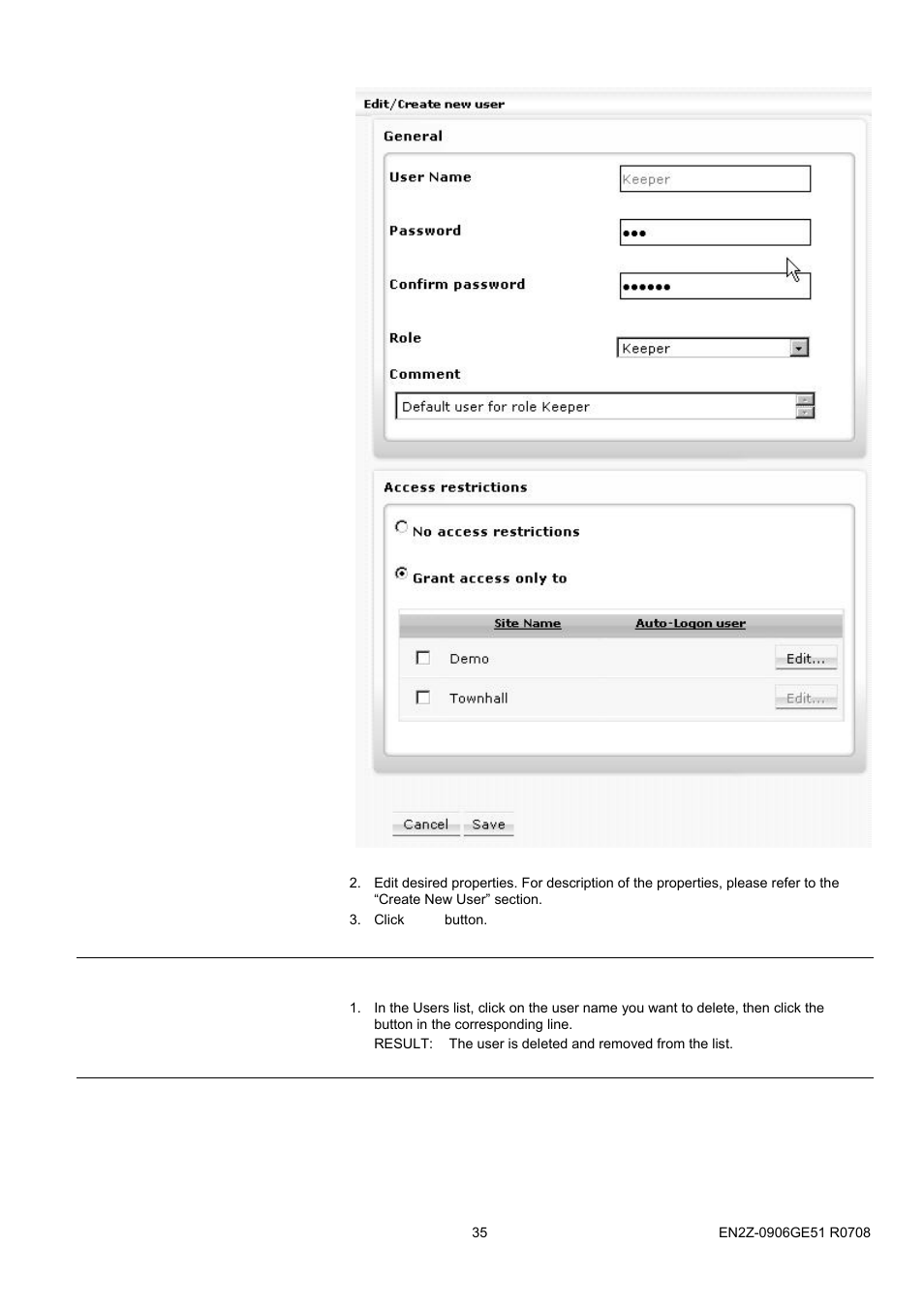 52bbasic functions, 53busage of illegal characters, Delete user | Change password | Honeywell EN2Z-0906GE51 R0708 User Manual | Page 35 / 160