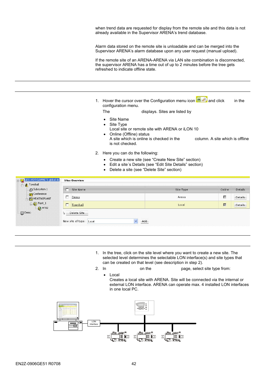 29bshow sites overview, 30bcreate new site, Show sites overview | Create new site | Honeywell EN2Z-0906GE51 R0708 User Manual | Page 42 / 160