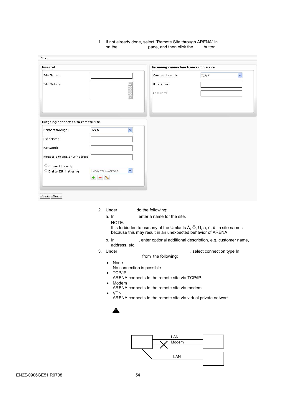 55bedit user, Create remote site through arena, Caution | Honeywell EN2Z-0906GE51 R0708 User Manual | Page 54 / 160