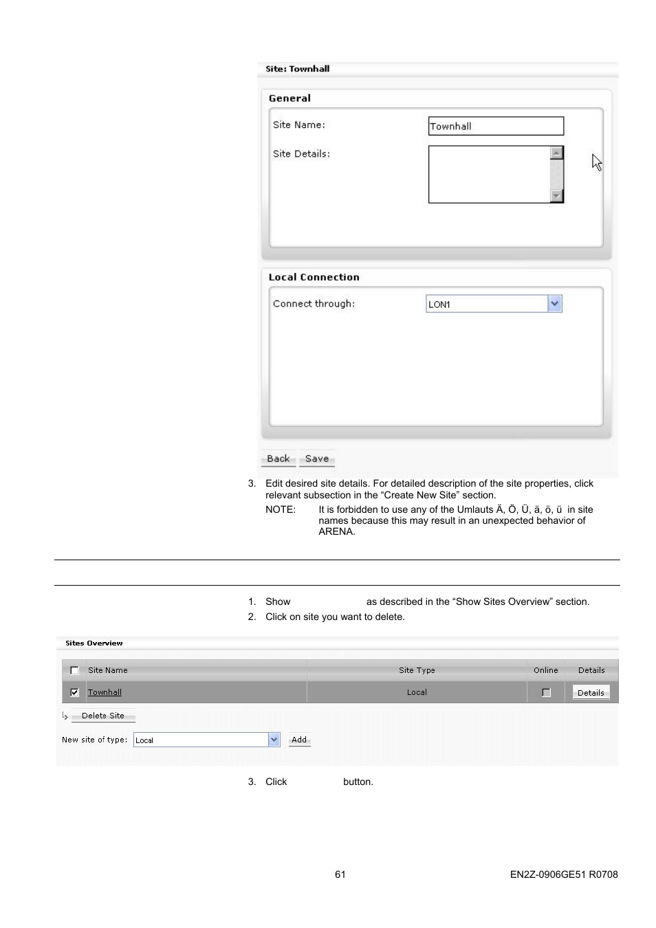 32bdelete site, Delete site | Honeywell EN2Z-0906GE51 R0708 User Manual | Page 61 / 160