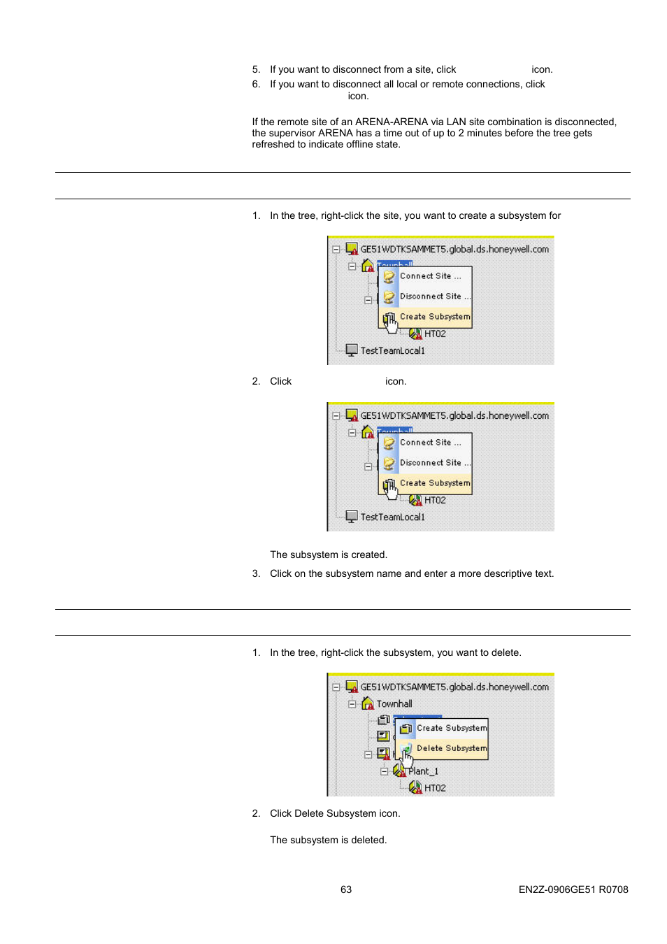 34bcreate subsystem, 35bdelete subsystem, Create subsystem | Delete subsystem | Honeywell EN2Z-0906GE51 R0708 User Manual | Page 63 / 160