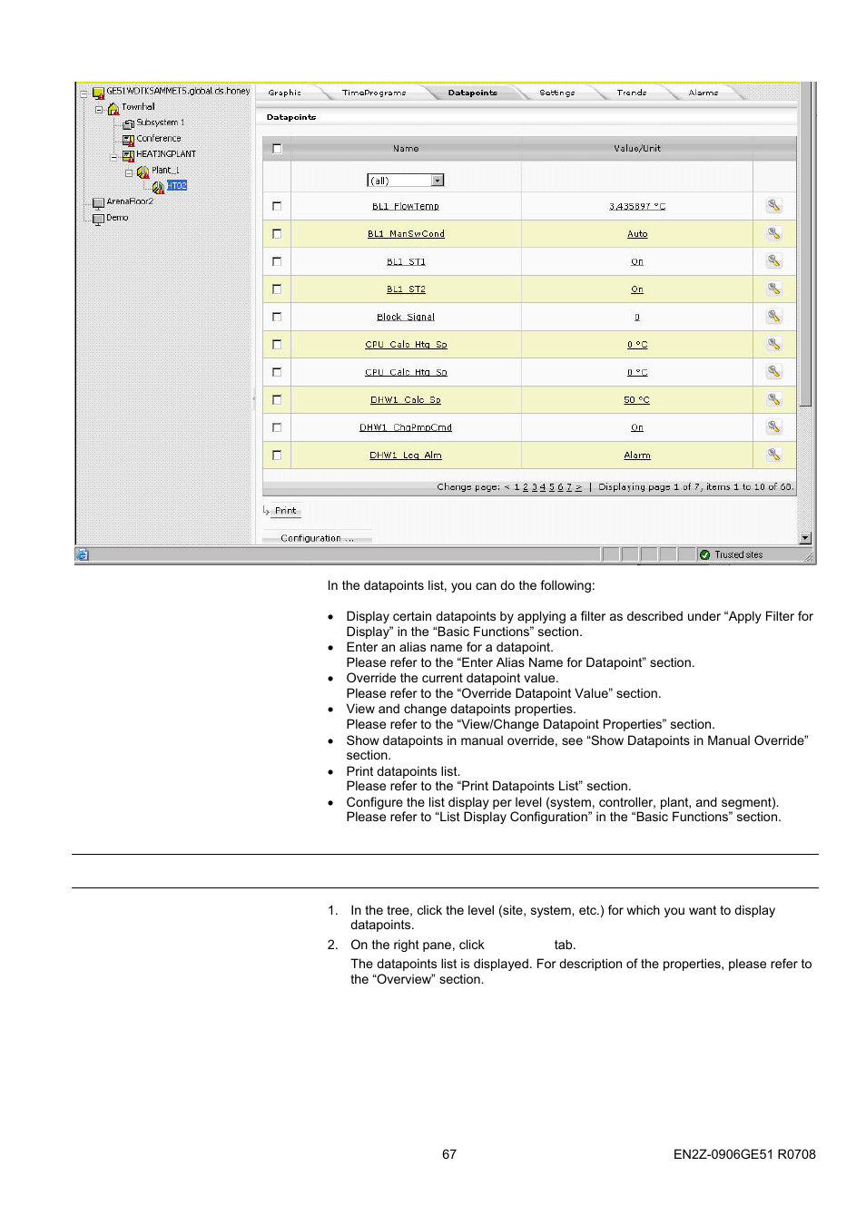 36boverview, Show datapoints list | Honeywell EN2Z-0906GE51 R0708 User Manual | Page 67 / 160