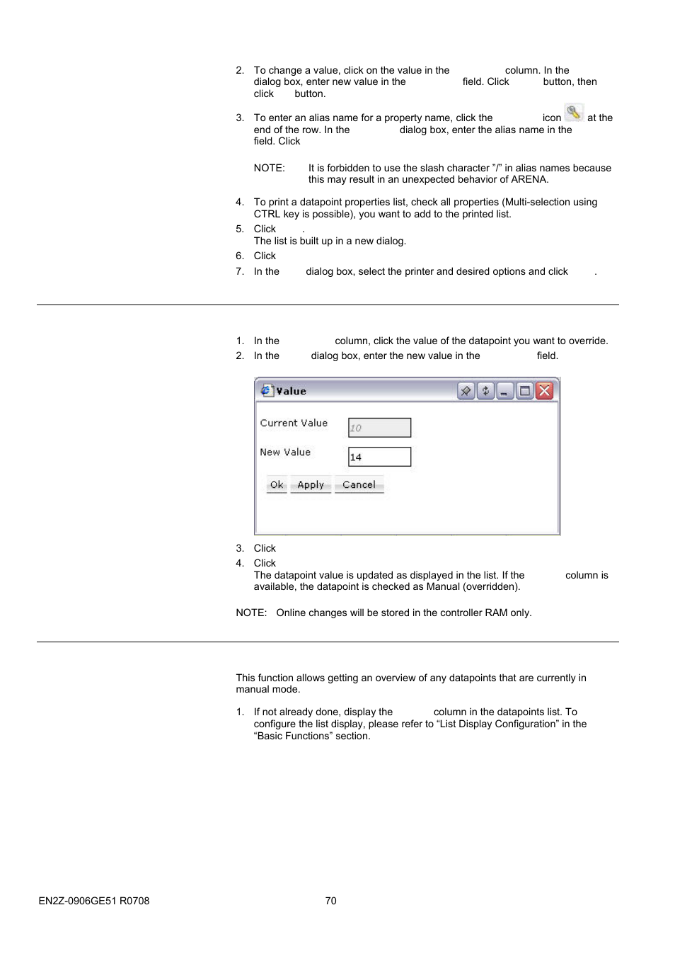 59bcreate remote site through ilon 10, 60bcreate remote site through arena, Override datapoint value | Show datapoints in manual override | Honeywell EN2Z-0906GE51 R0708 User Manual | Page 70 / 160