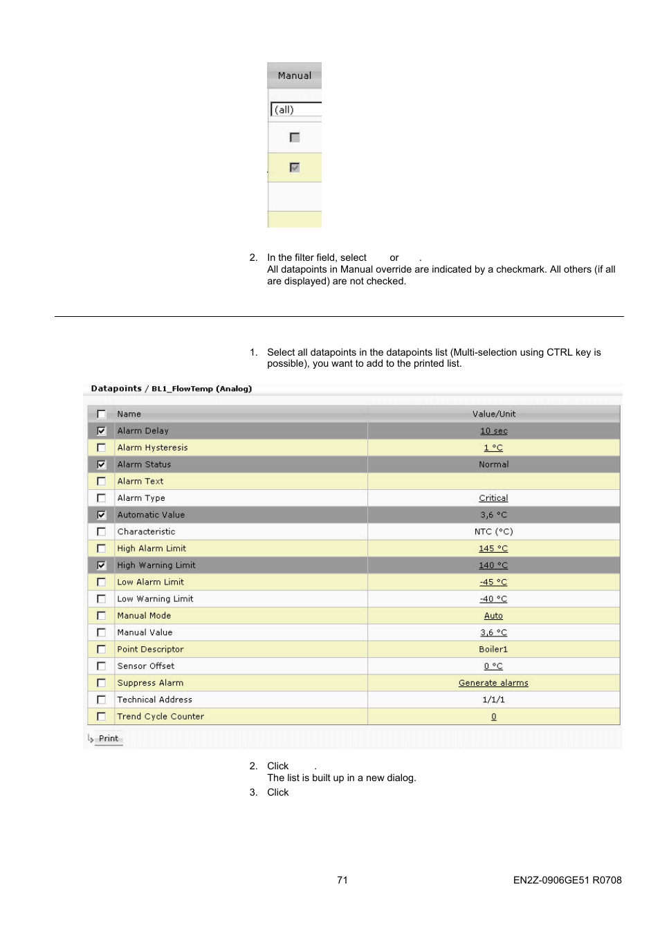 Print datapoints list | Honeywell EN2Z-0906GE51 R0708 User Manual | Page 71 / 160