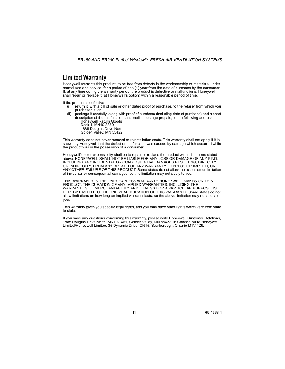 Limited warranty | Honeywell PERFECT WINDOW ER150C User Manual | Page 11 / 12