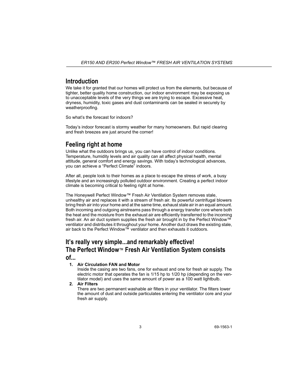 Introduction, Feeling right at home, Fresh air ventilation system consists of | Honeywell PERFECT WINDOW ER150C User Manual | Page 3 / 12