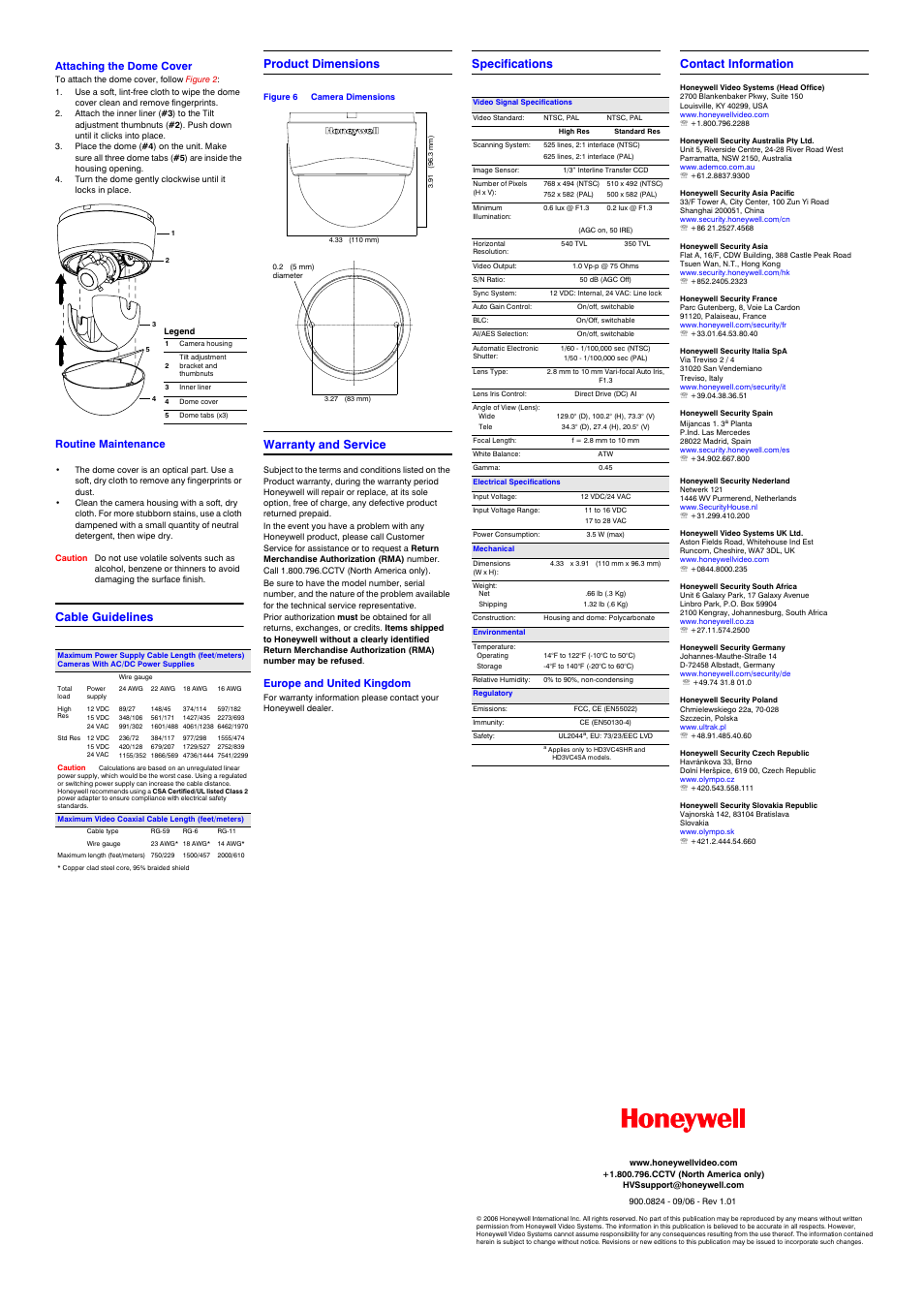 Attaching the dome cover, Routine maintenance, Cable guidelines | Product dimensions, Warranty and service, Europe and united kingdom, Specifications, Contact information, Cable guidelines product dimensions, Specifications contact information | Honeywell HD3VC4SAX User Manual | Page 2 / 2