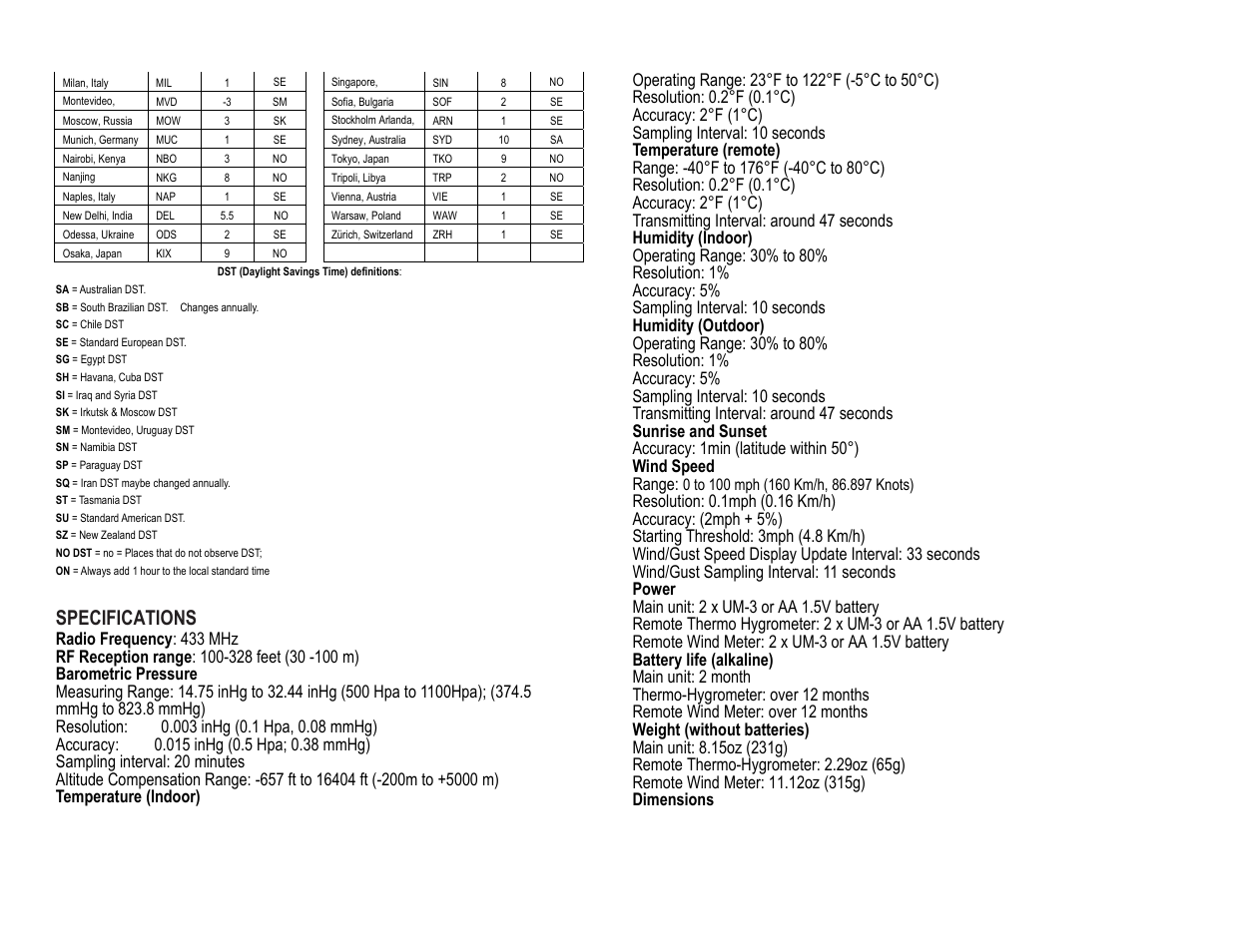 Specifications | Honeywell TS815 User Manual | Page 21 / 23