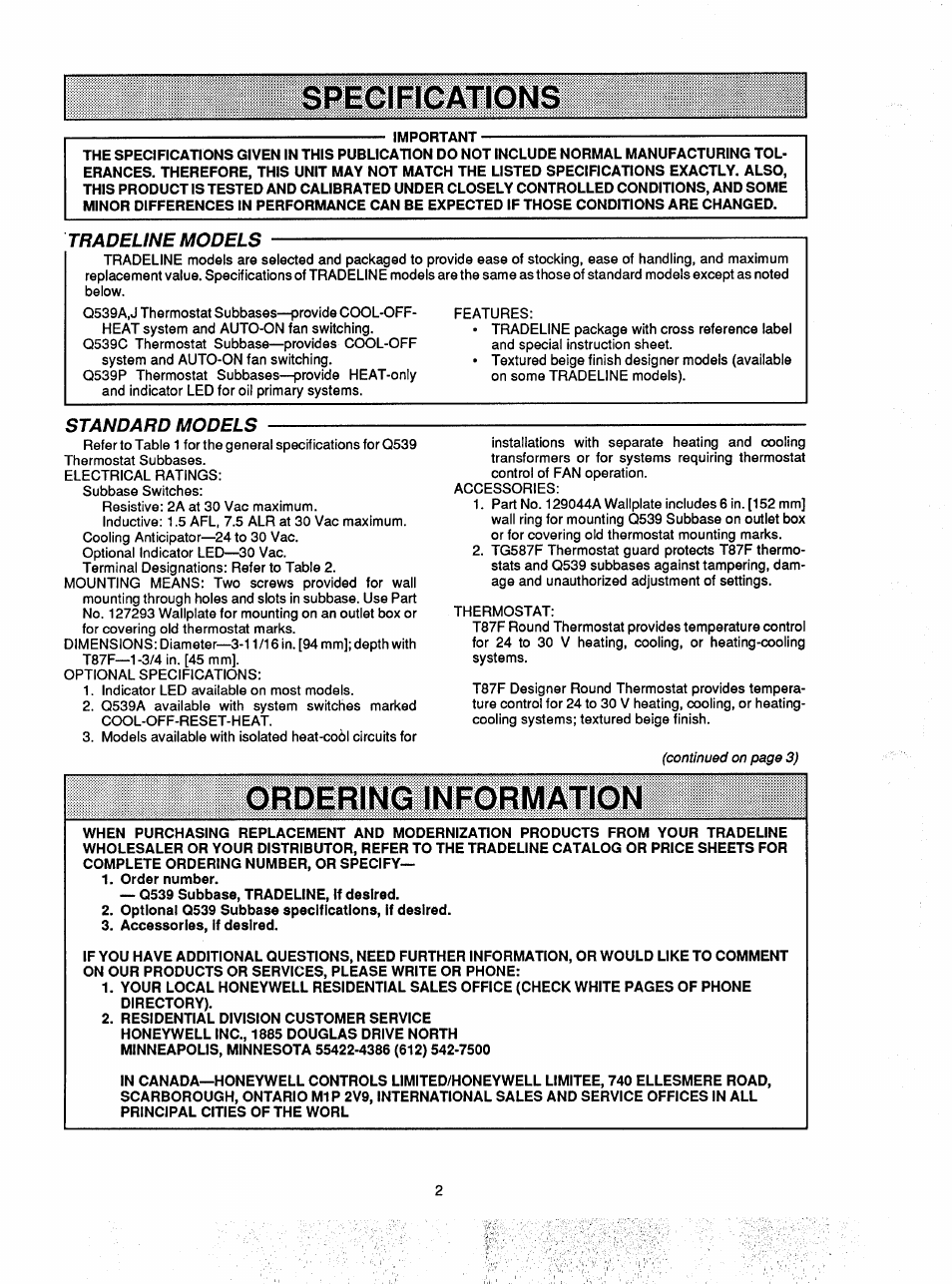 Specifications, Ordering information, Tradeline models | Standard models | Honeywell Q539F User Manual | Page 2 / 12