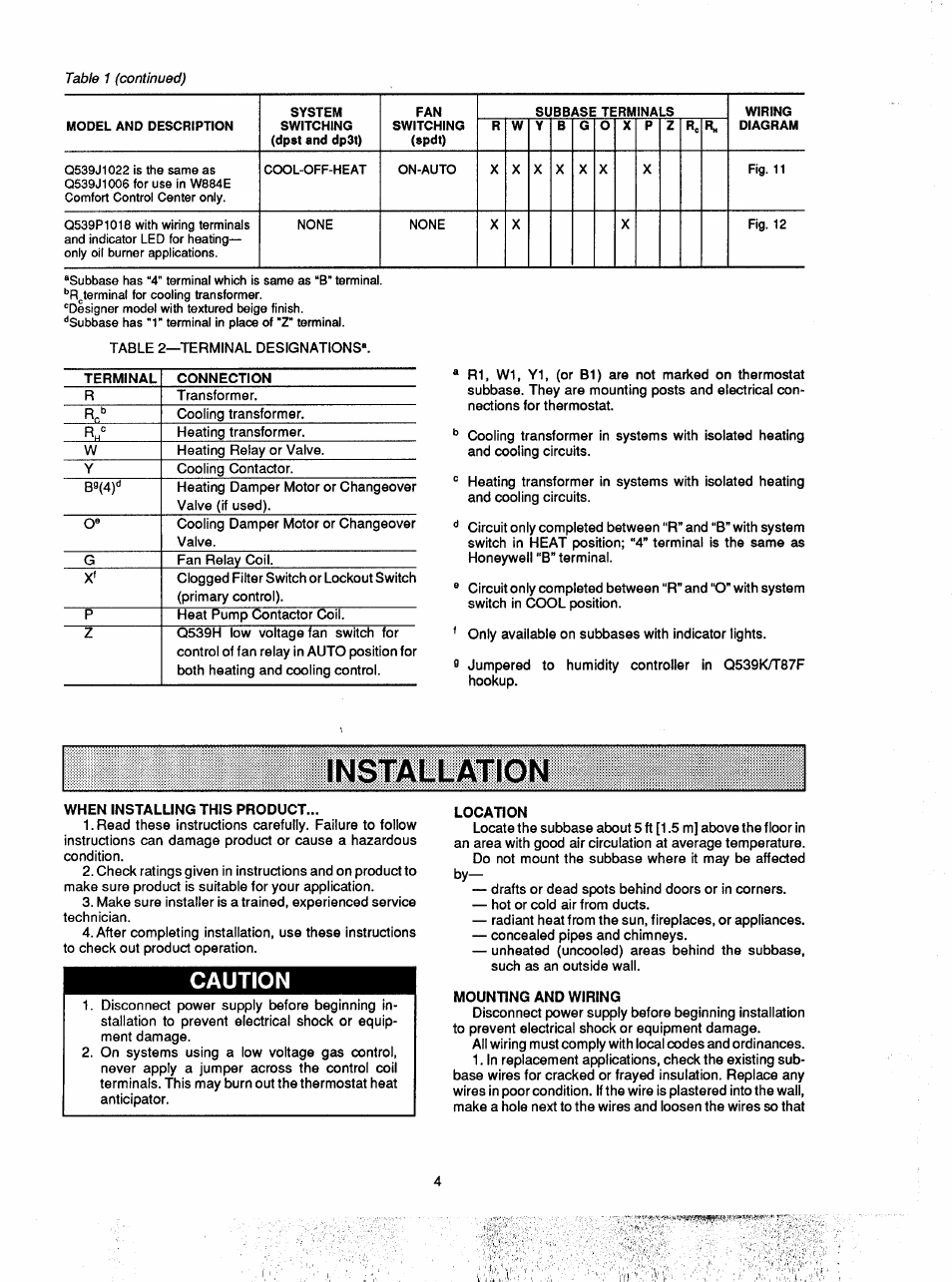 Installation, Caution | Honeywell Q539F User Manual | Page 4 / 12