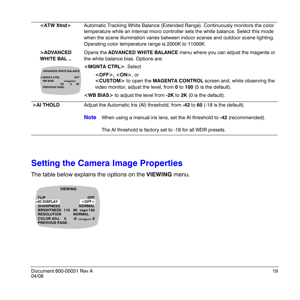 Setting the camera image properties | Honeywell HD4UX User Manual | Page 19 / 32