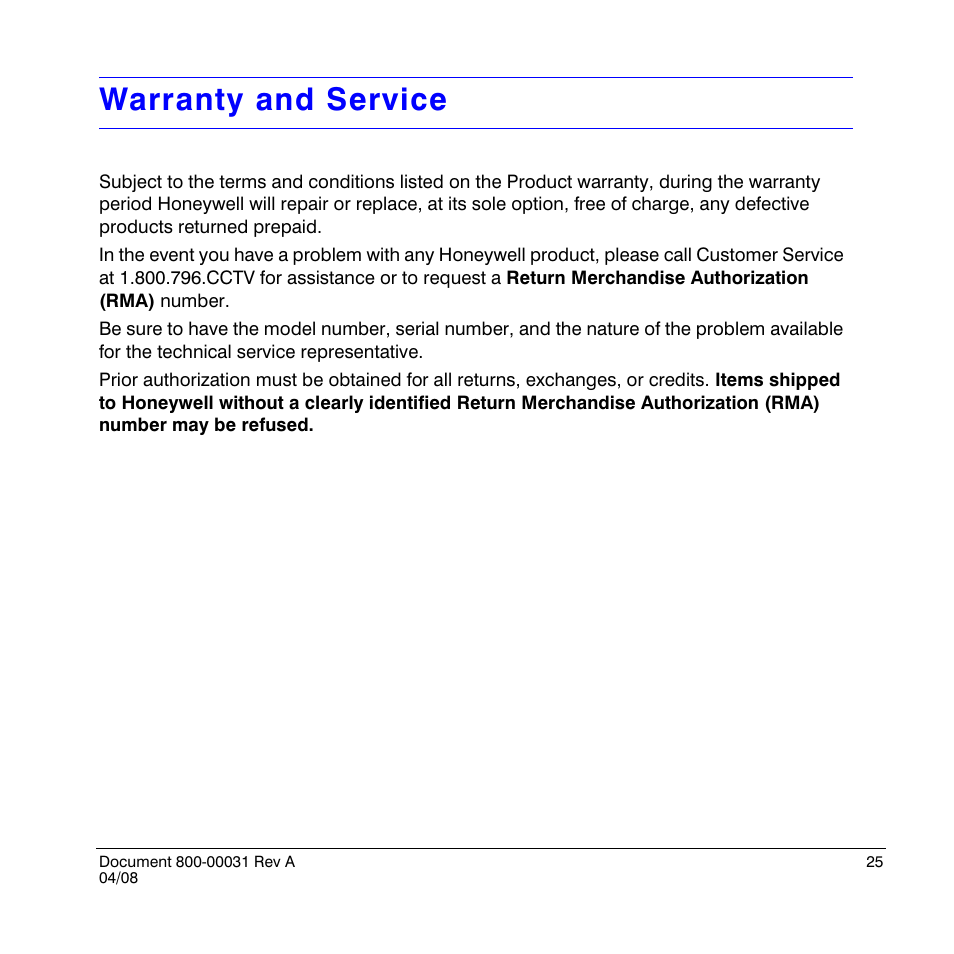 Warranty and service, Additional assistance (see | Honeywell HD4UX User Manual | Page 25 / 32