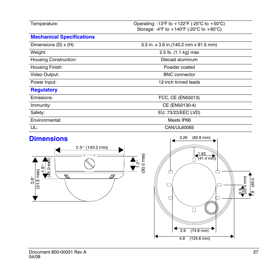 Dimensions | Honeywell HD4UX User Manual | Page 27 / 32