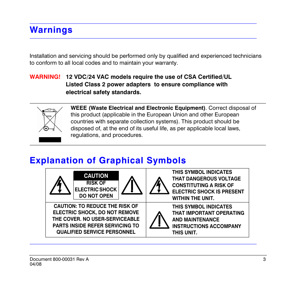 Warnings, Explanation of graphical symbols | Honeywell HD4UX User Manual | Page 3 / 32