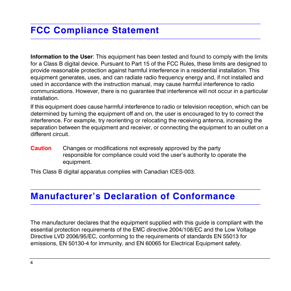 Fcc compliance statement, Manufacturer’s declaration of conformance | Honeywell HD4UX User Manual | Page 4 / 32