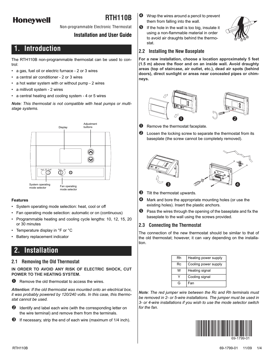Honeywell RTH110B User Manual | 4 pages