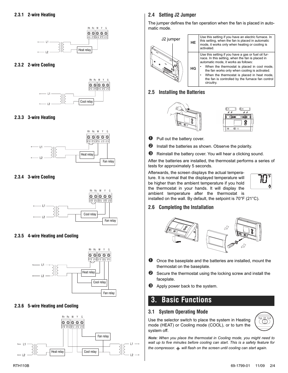Basic functions, 4 setting j2 jumper, 5 installing the batteries | 6 completing the installation, 1 system operating mode | Honeywell RTH110B User Manual | Page 2 / 4