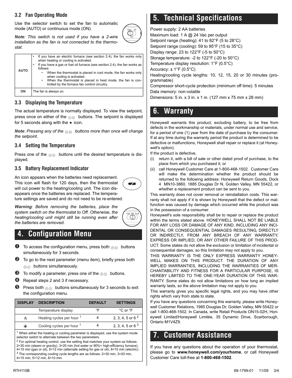 Configuration menu, 2 fan operating mode, 3 displaying the temperature | 4 setting the temperature, 5 battery replacement indicator | Honeywell RTH110B User Manual | Page 3 / 4