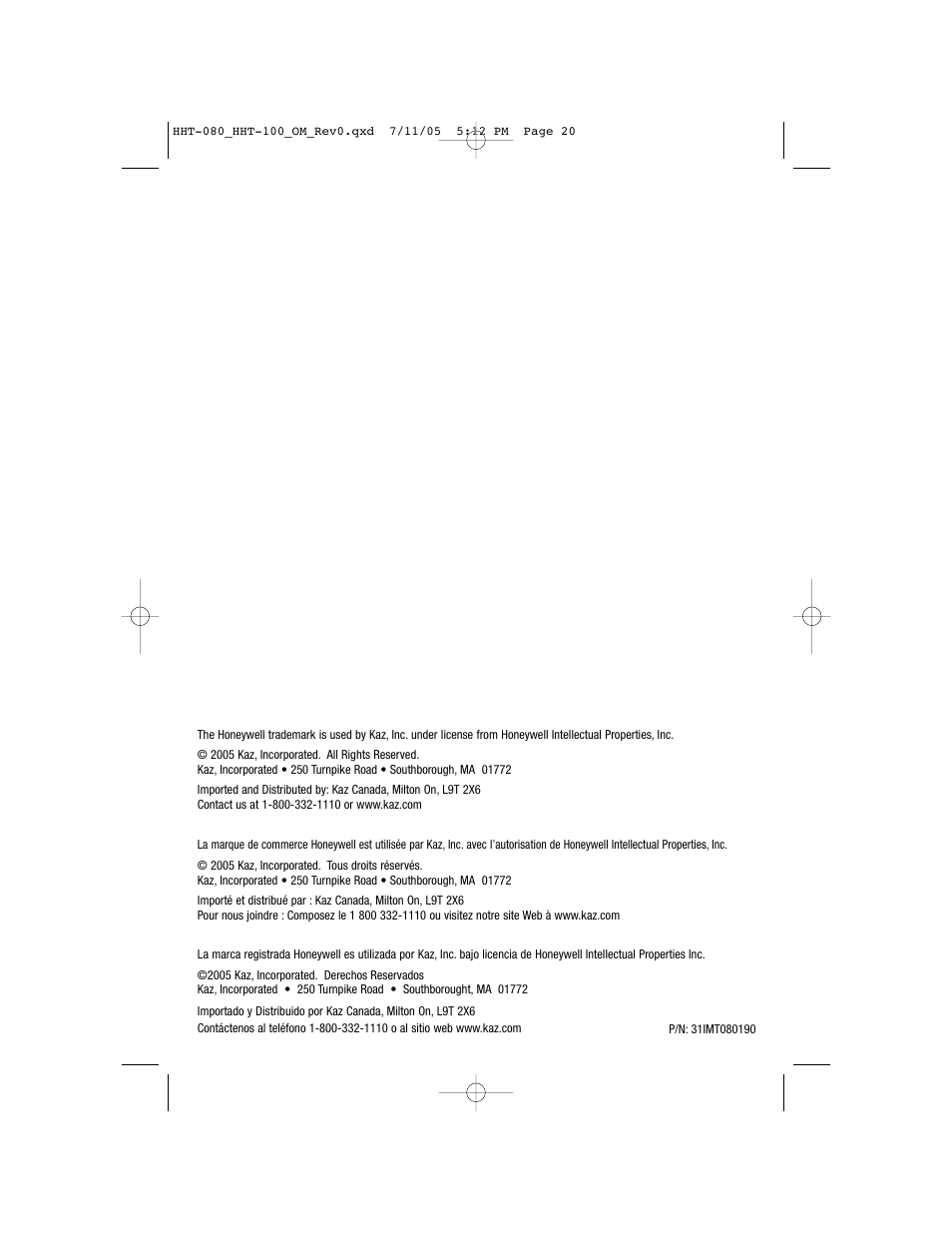 Honeywell HHT-100 User Manual | Page 20 / 20