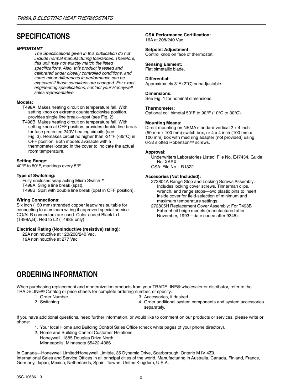 Specifications, Ordering information | Honeywell T498A User Manual | Page 2 / 8