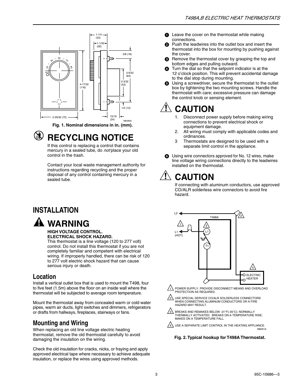 Recycling notice, Warning, Caution | Installation, Location, Mounting and wiring, T498a,b electric heat thermostats | Honeywell T498A User Manual | Page 3 / 8