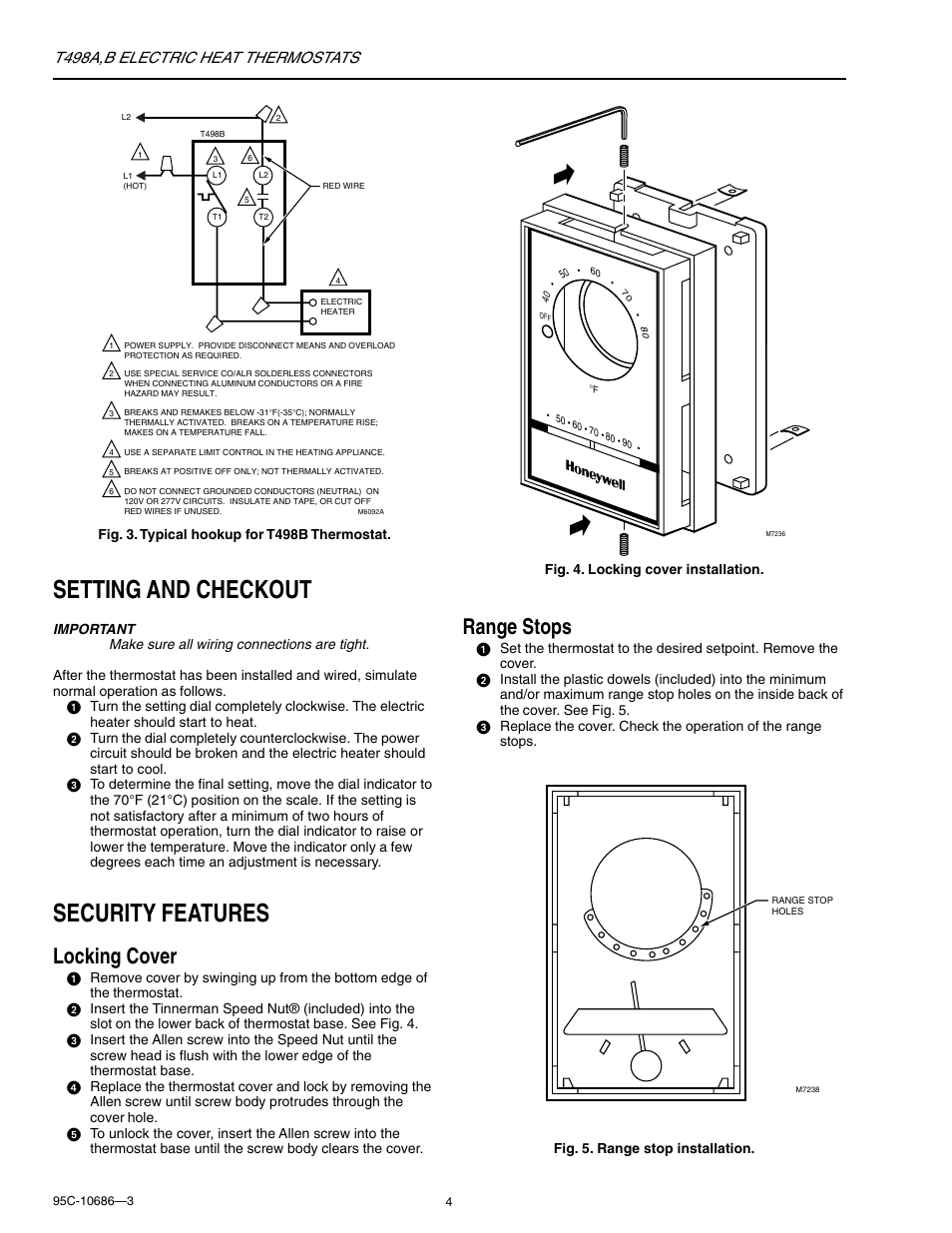 Setting and checkout, Security features, Range stops | Locking cover, T498a,b electric heat thermostats | Honeywell T498A User Manual | Page 4 / 8