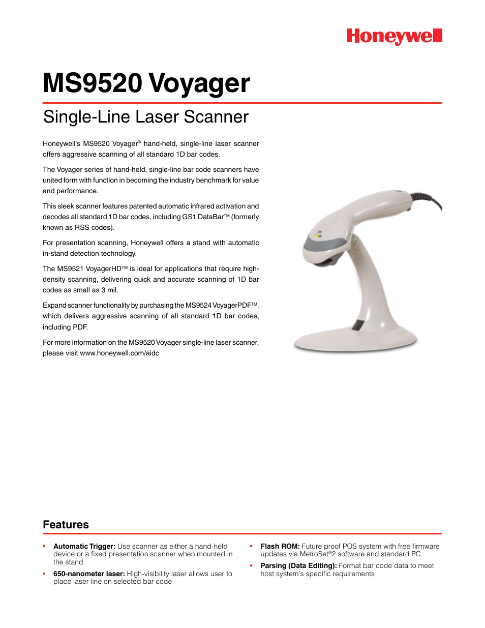 Honeywell MS9520 Voyager User Manual | 2 pages