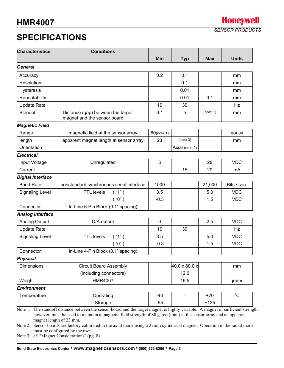 Hmr4007, Specifications | Honeywell HMR4007 User Manual | Page 3 / 8