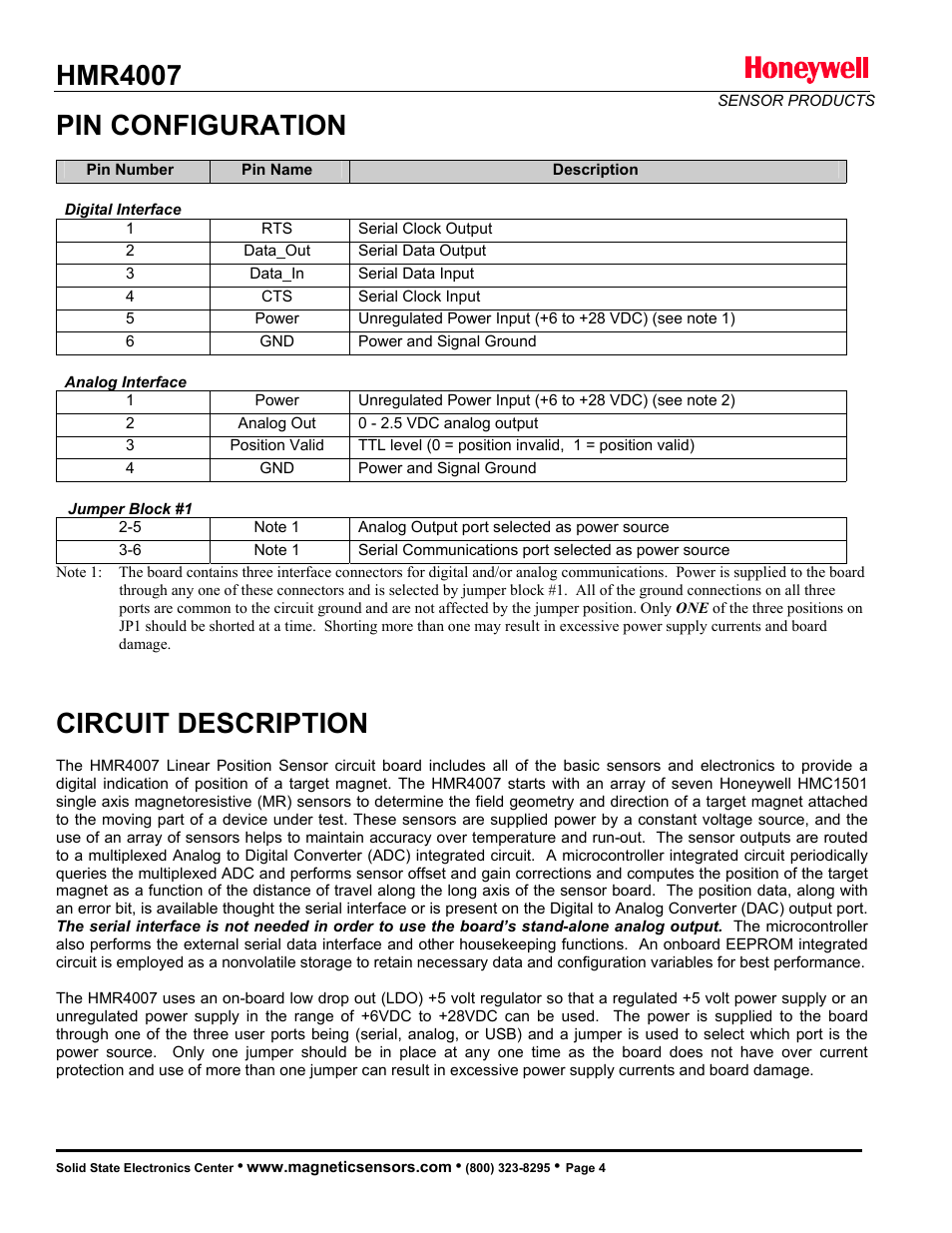 Hmr4007, Pin configuration, Circuit description | Honeywell HMR4007 User Manual | Page 4 / 8