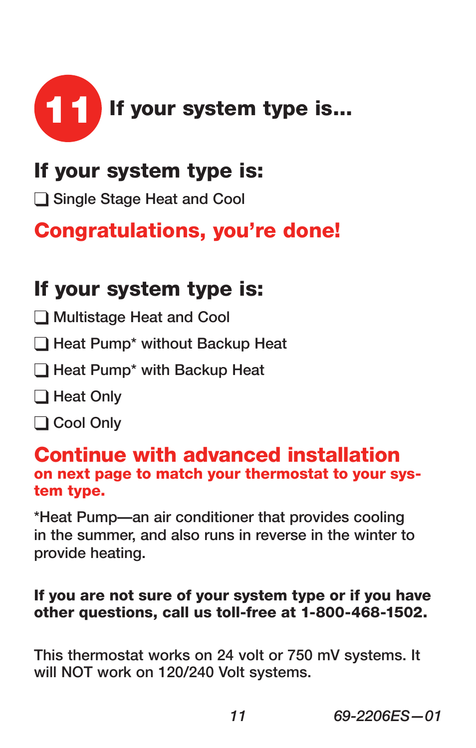 If your system type is, Continue with advanced installation | Honeywell RTH7600 User Manual | Page 13 / 60