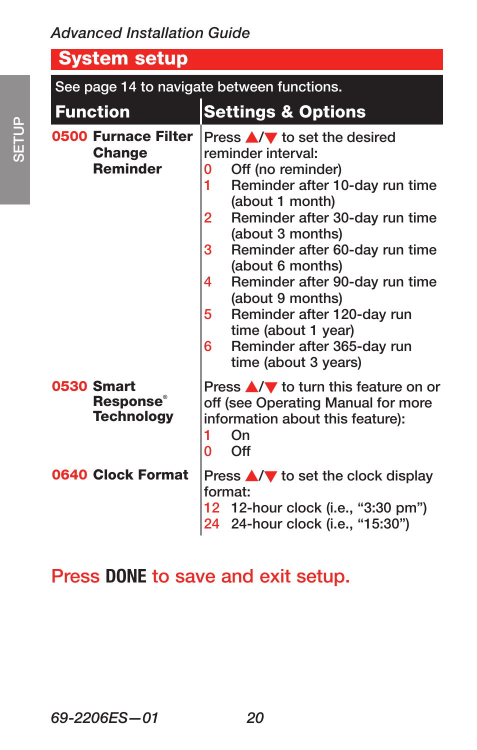 About your new thermostat, Press done to save and exit setup. system setup, Function settings & options | Honeywell RTH7600 User Manual | Page 22 / 60