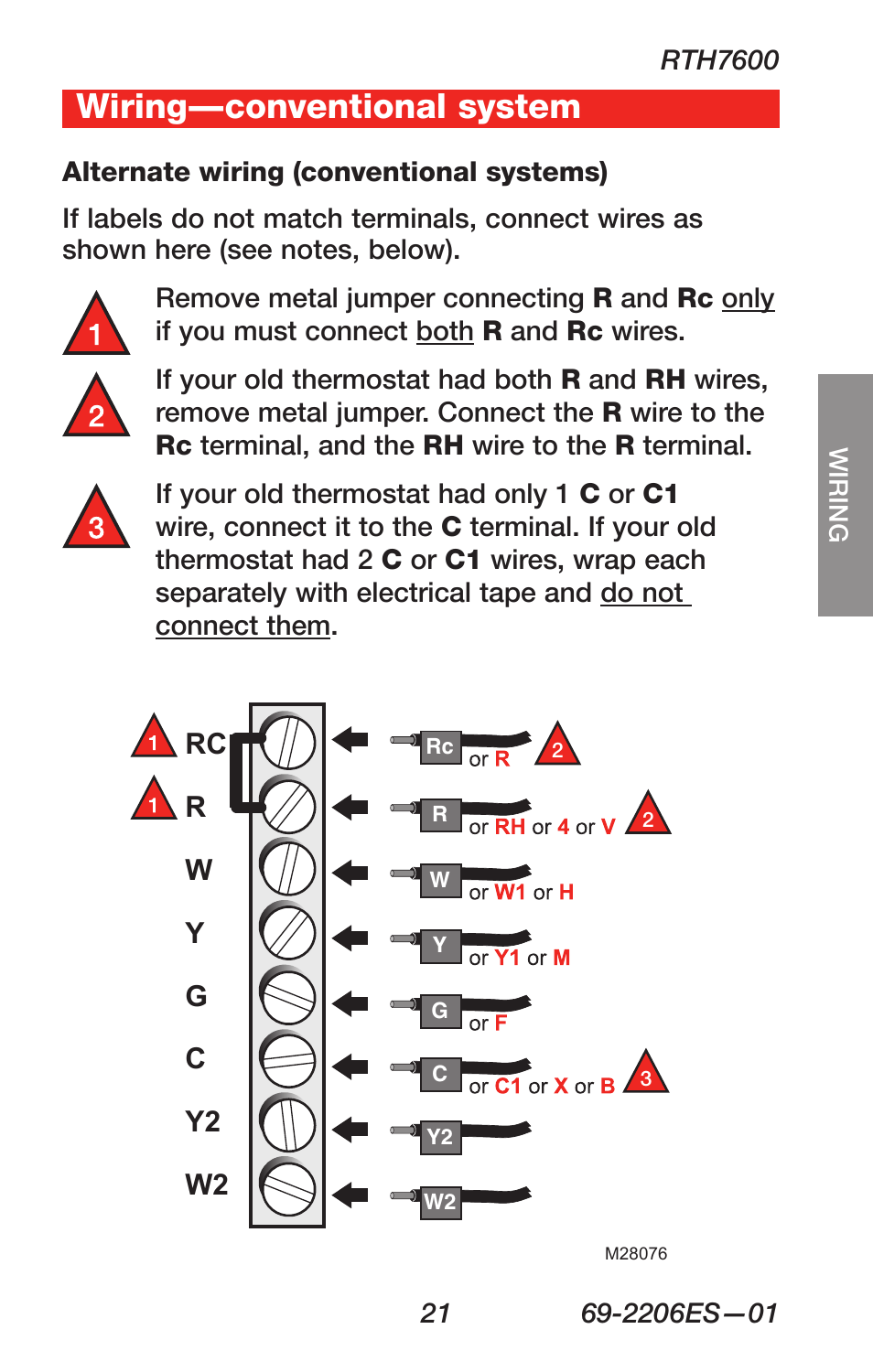 About your new thermostat, Wiring—conventional system | Honeywell RTH7600 User Manual | Page 23 / 60