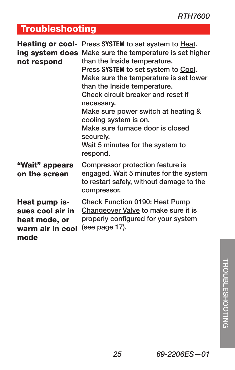 Troubleshooting | Honeywell RTH7600 User Manual | Page 27 / 60