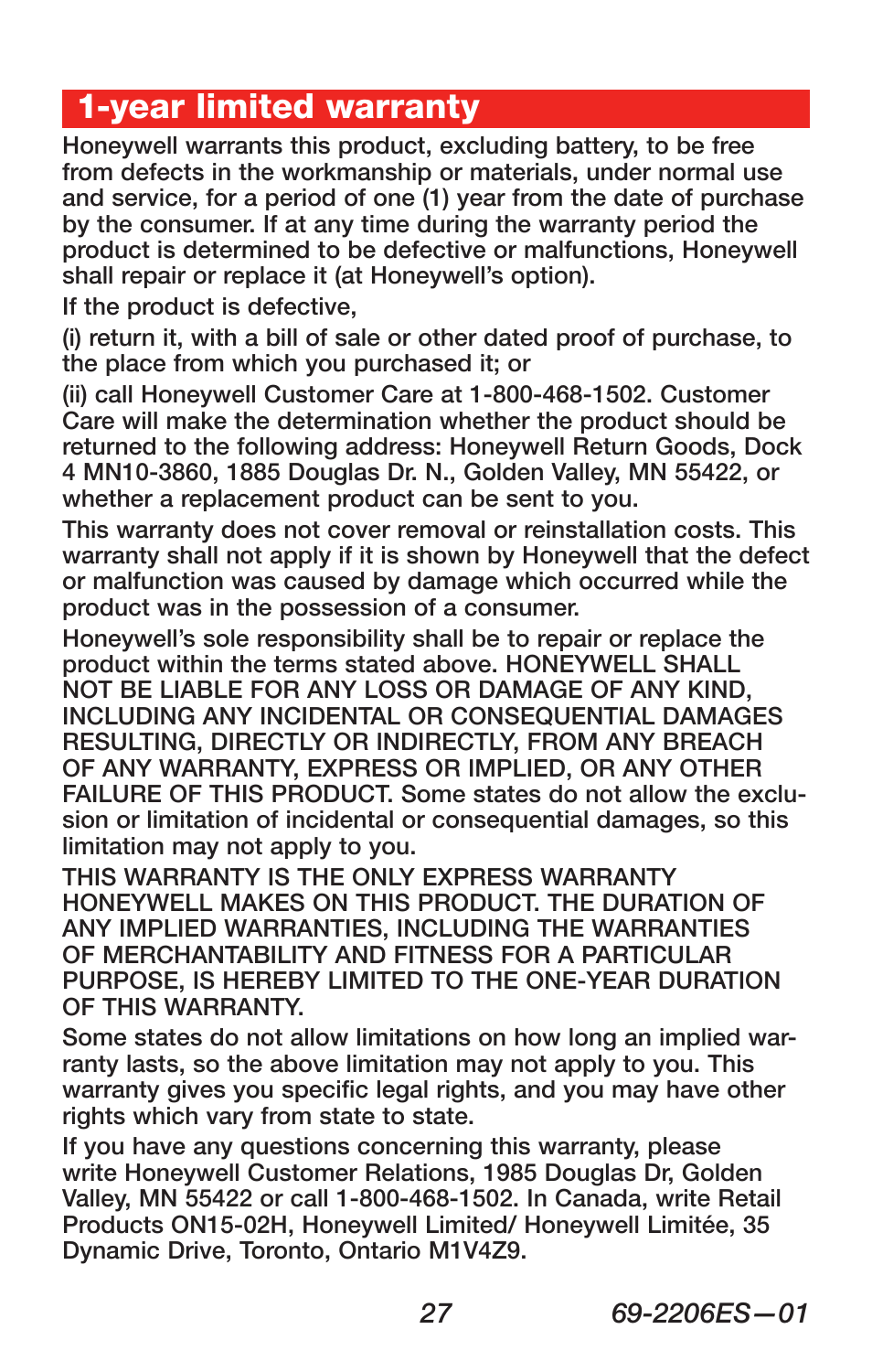 Year limited warranty | Honeywell RTH7600 User Manual | Page 29 / 60