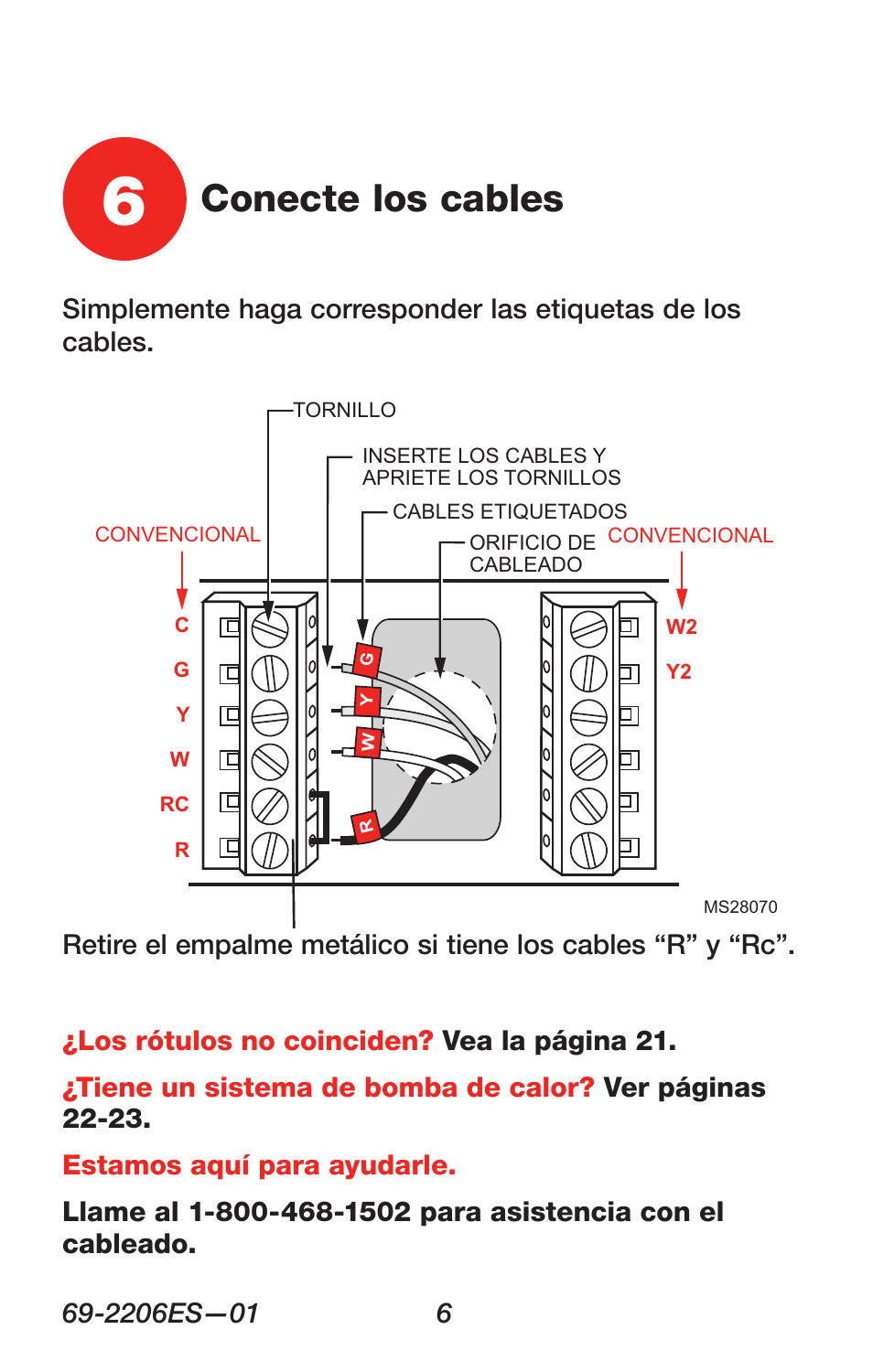 Conecte los cables | Honeywell RTH7600 User Manual | Page 38 / 60